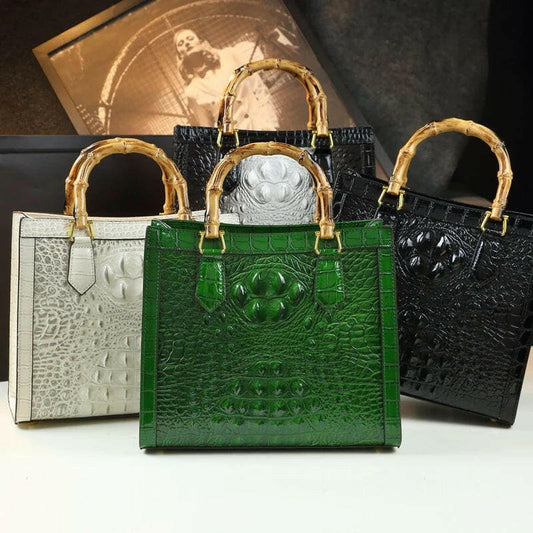 Genuine Leather Bamboo Handle Crocodile Pattern Handbag