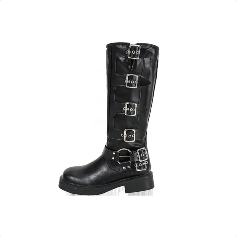 Genuine Leather Chunky Heel Belt Buckle Knight Boots