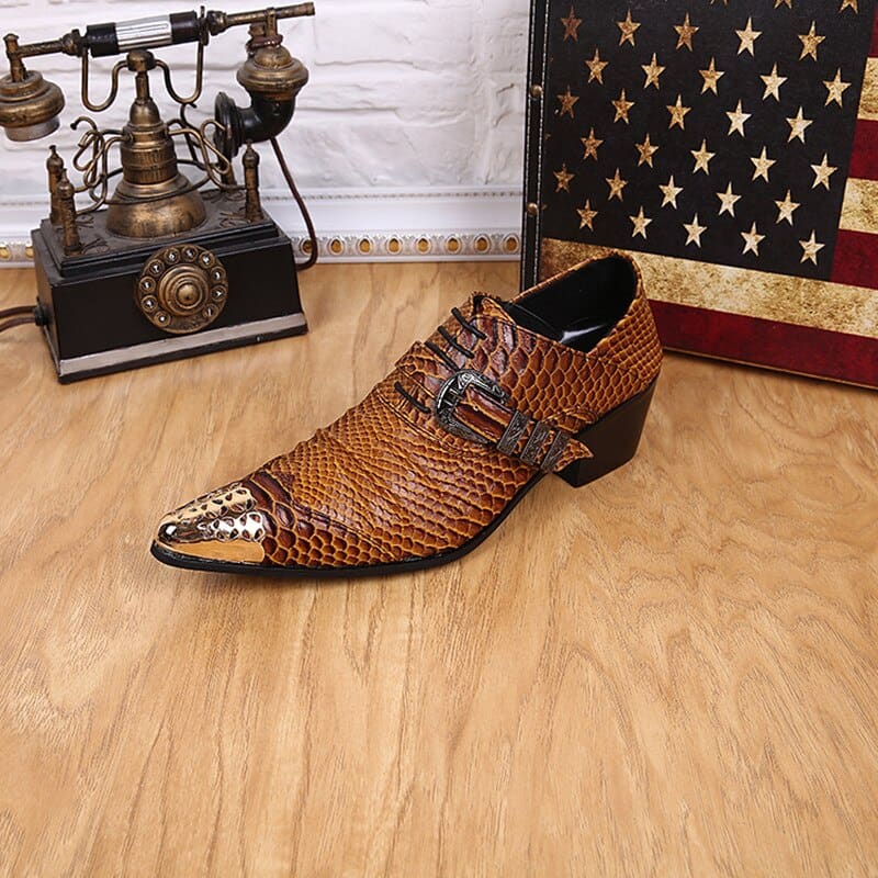 Genuine Leather Metal Head Snake Print Mens Shoes For Prom