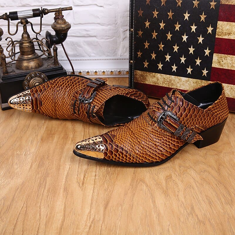 Genuine Leather Metal Head Snake Print Mens Shoes For Prom