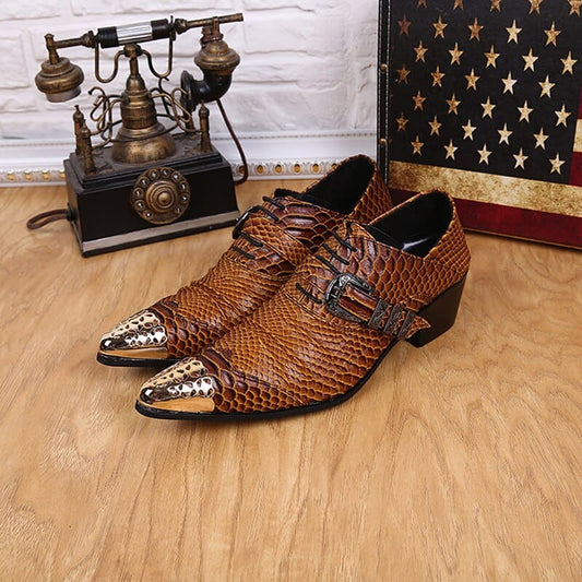 Genuine Leather Metal Head Snake Print Men’s Shoes