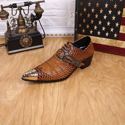 Genuine Leather Metal Head Snake Print Men’s Shoes