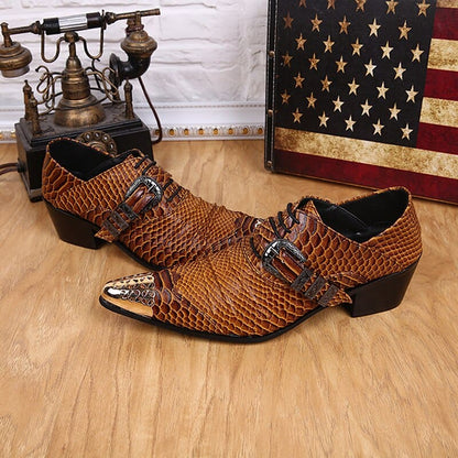 Genuine Leather Metal Head Snake Print Men’s Shoes