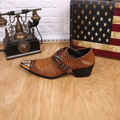 Genuine Leather Metal Head Snake Print Men’s Shoes