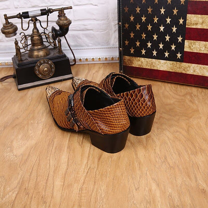 Genuine Leather Metal Head Snake Print Men’s Shoes