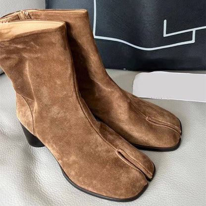 Genuine Suede Split Toe Low Heel Women’s Tabi Boots