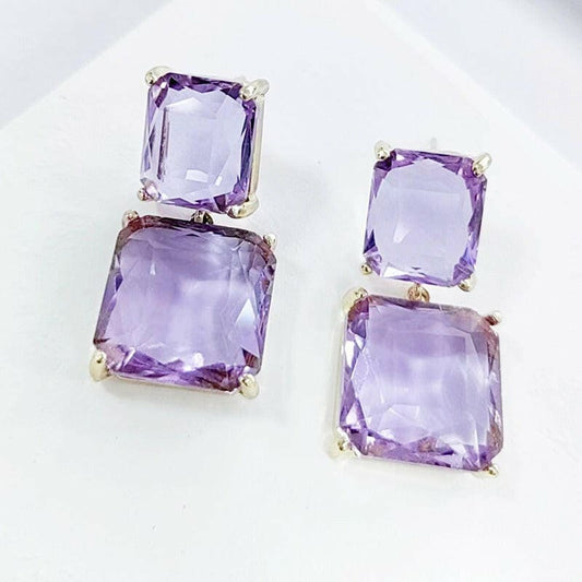 Geometric Square Crystal Earrings Elegant Purple Long Purple