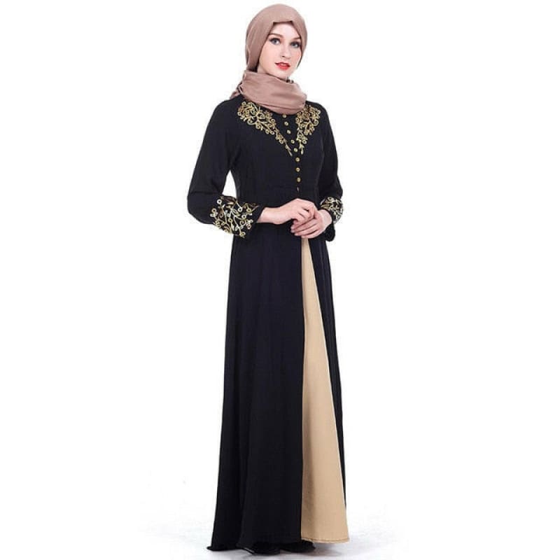 Gold Stamping Print Dubai Abaya Long Sleeve Dress Black / L