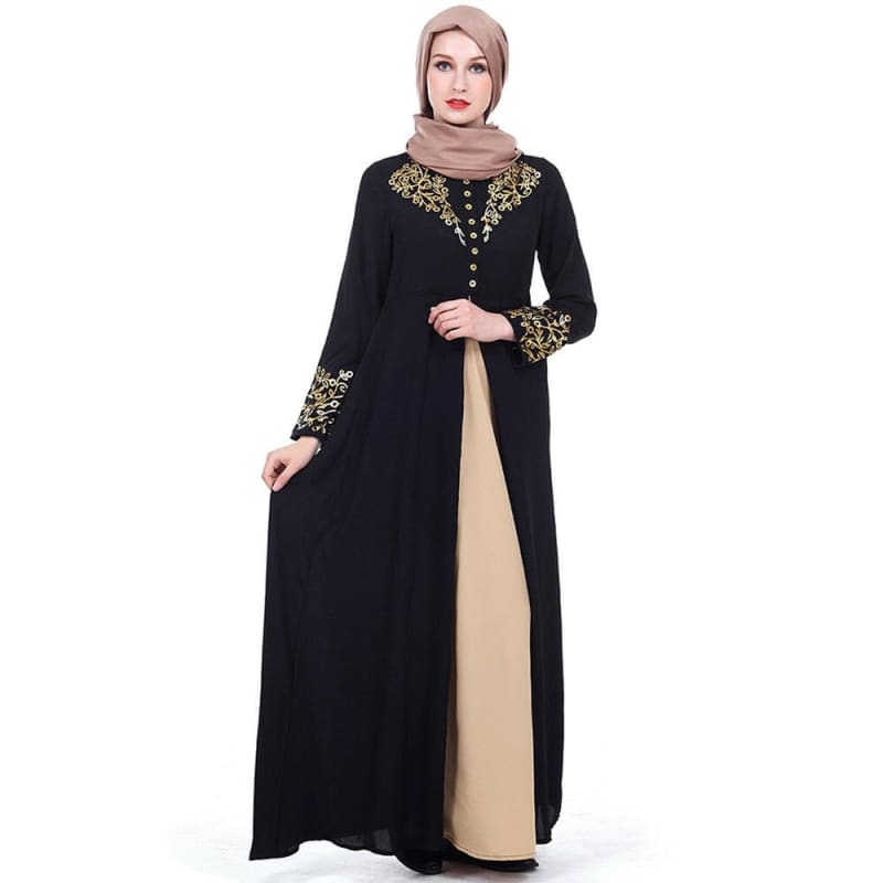 Gold Stamping Print Dubai Abaya Long Sleeve Dress