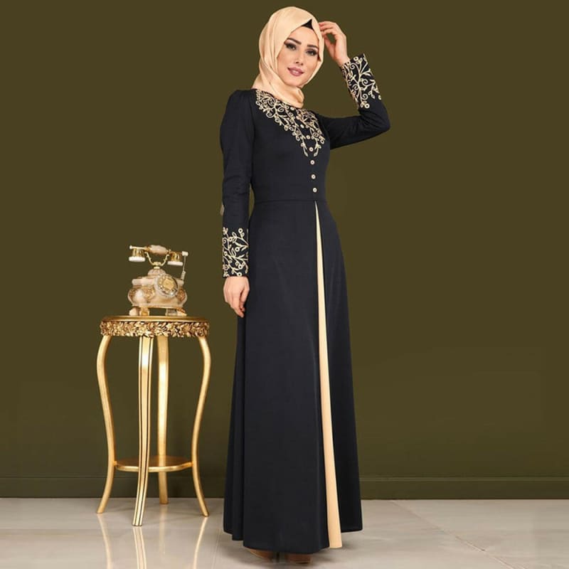 Gold Stamping Print Dubai Abaya Long Sleeve Dress