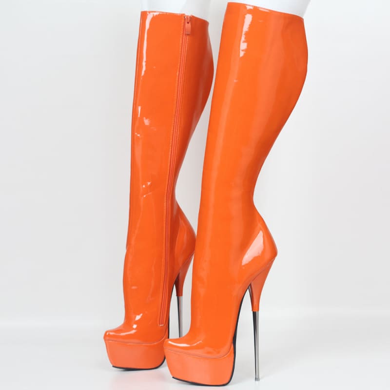 Gorgeous Orange, Thick Pointed Platform, Metal Stiletto Heel Boots - Pleasures and Sins   Pleasures and Sins