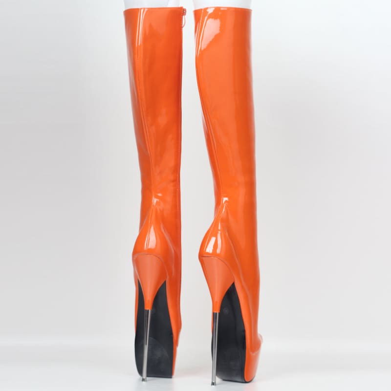 Gorgeous Orange, Thick Pointed Platform, Metal Stiletto Heel Boots - Pleasures and Sins   Pleasures and Sins