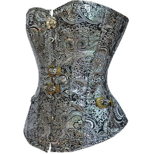 Ornate silver and gold brocade corset with intricate floral patterns and metallic clasps.