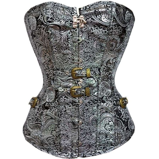 Ornate silver corset with intricate floral patterns and brass buckle closures.