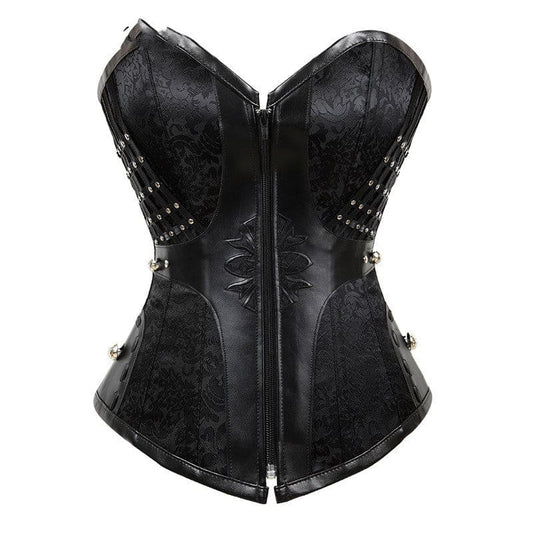 Black leather corset with zipper closure and metal stud detailing.