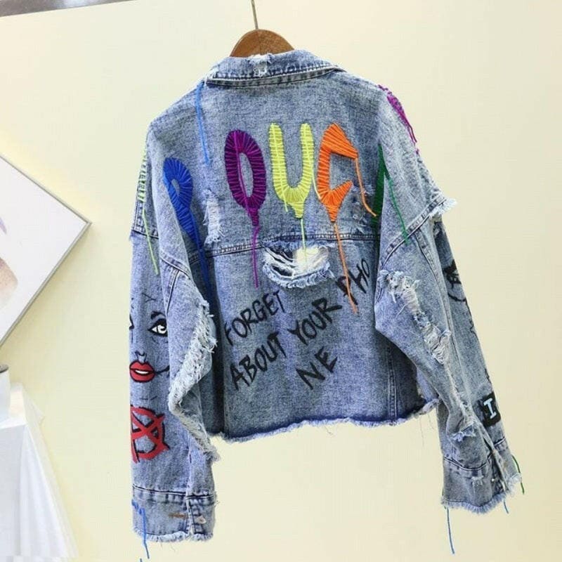 Graffiti Denim Short Jacket with Raw Edge Cut Design