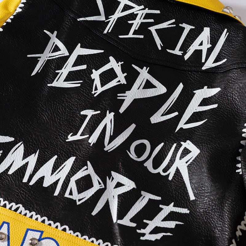 Yellow And Black Graffiti Print Motorcycle Pu Leather Ladies Jacket - Pleasures and Sins   Pleasures and Sins