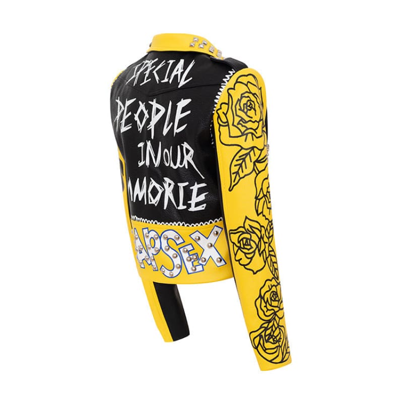 Yellow And Black Graffiti Print Motorcycle Pu Leather Ladies Jacket - Pleasures and Sins   Pleasures and Sins