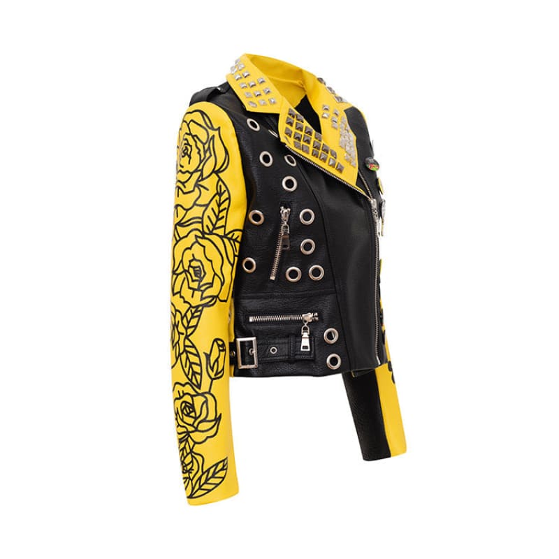 Yellow And Black Graffiti Print Motorcycle Pu Leather Ladies Jacket - Pleasures and Sins   Pleasures and Sins