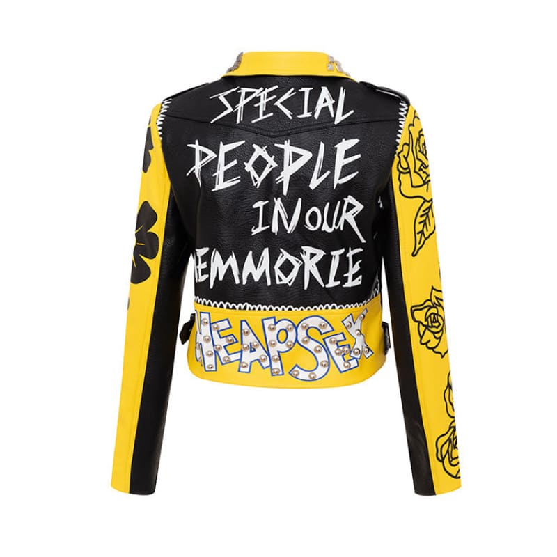 Yellow And Black Graffiti Print Motorcycle Pu Leather Ladies Jacket - Pleasures and Sins   Pleasures and Sins