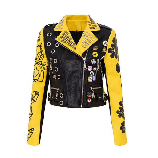 Yellow And Black Graffiti Print Motorcycle Pu Leather Ladies Jacket - Pleasures and Sins   Pleasures and Sins