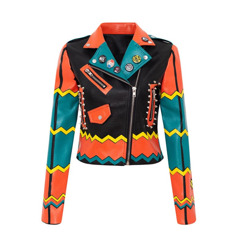 Graffiti Print Motorcycle Studded Pu Leather Jacket - Pleasures and Sins   Pleasures and Sins