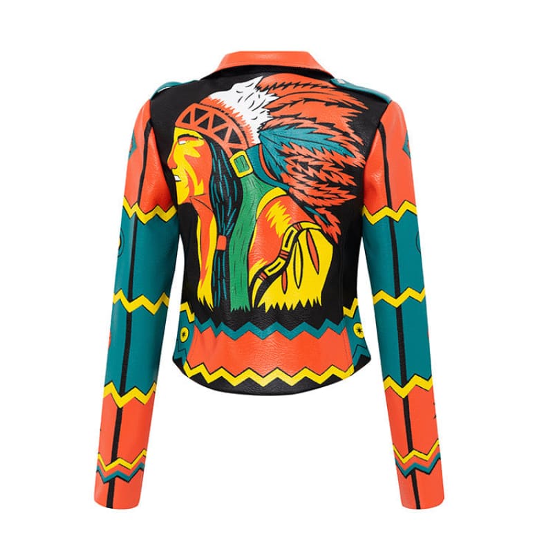 Colorful jacket featuring a Native American-inspired design with a stylized figure and feather headdress.