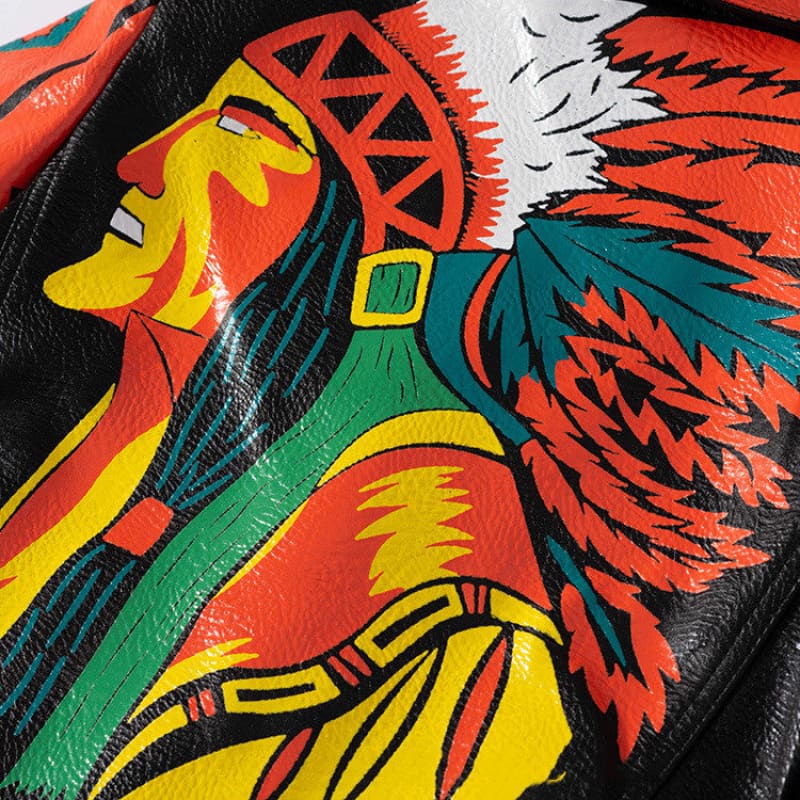 Colorful stylized Native American-inspired artwork depicting a figure with a feathered headdress.