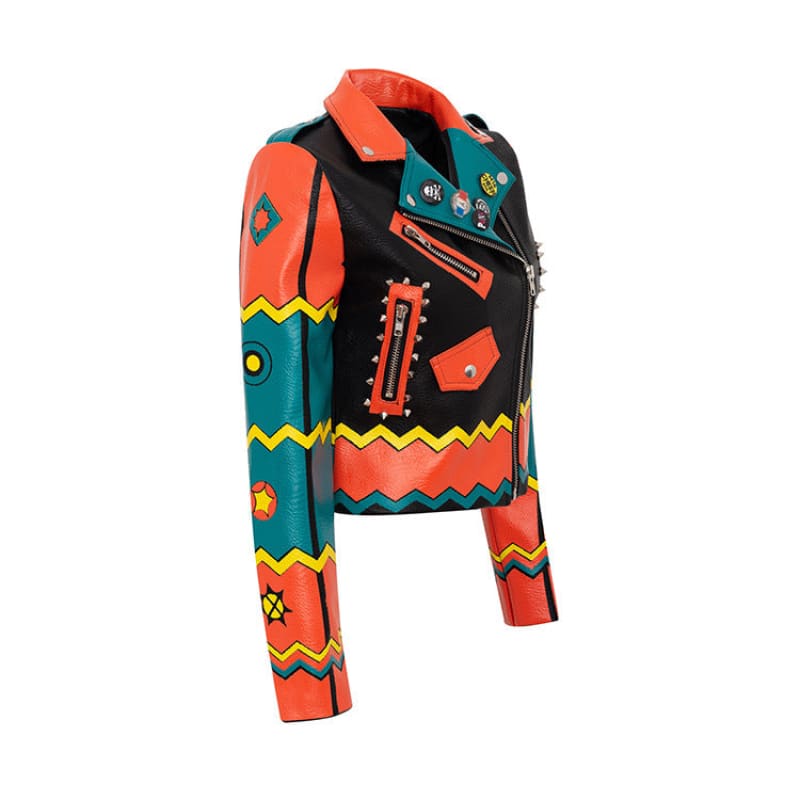 Colorful leather jacket with geometric patterns and decorative elements.