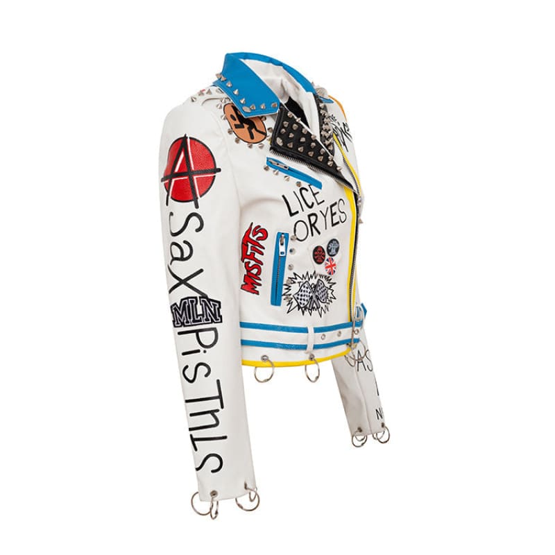 Graffiti Print Studded Motorcycle Pu Leather Jacket