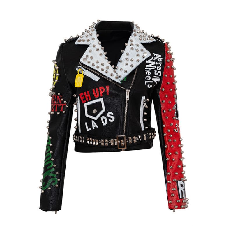 Punk-style leather jacket with colorful patches, studs, and graffiti-like designs.