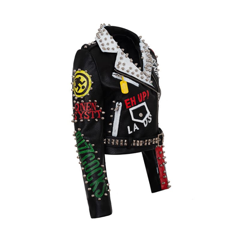 Punk-style leather jacket adorned with patches, studs, and colorful embellishments.