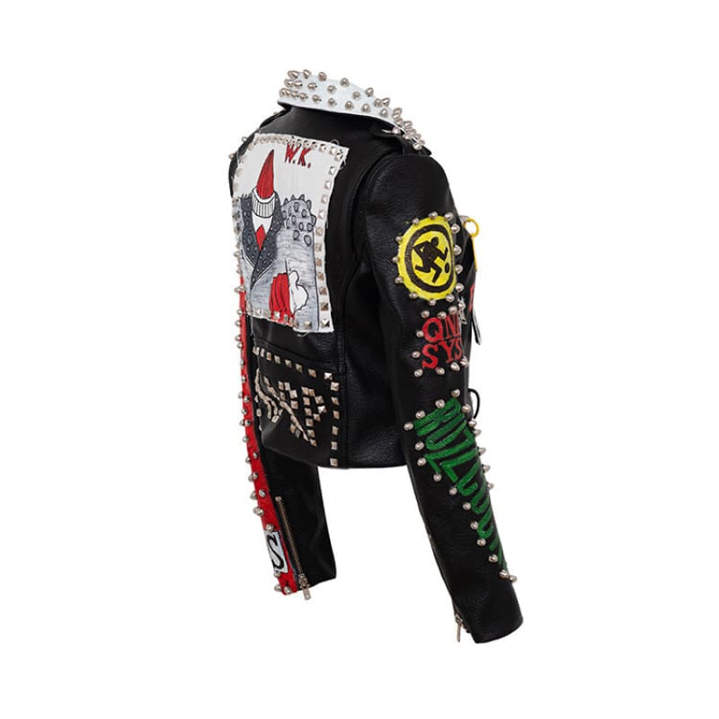 Punk-style leather jacket decorated with studs, patches, and colorful designs.