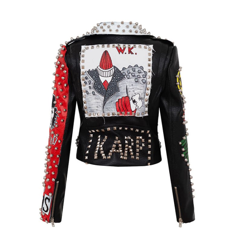 Studded black leather jacket with colorful patches and embellishments.