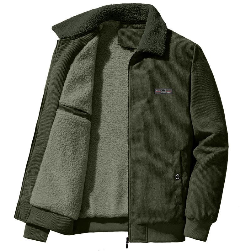 Dark green corduroy jacket with fleece lining and a zip front.