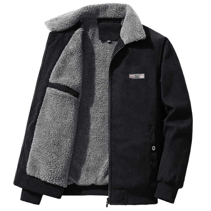 Black jacket with gray fleece lining and collar.