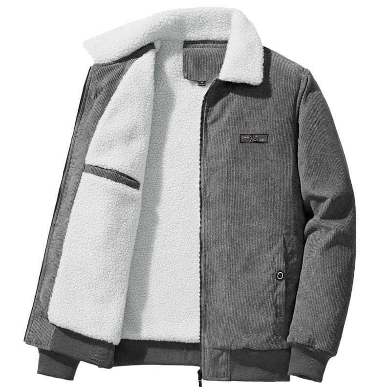 Gray corduroy jacket with white fleece lining and collar.