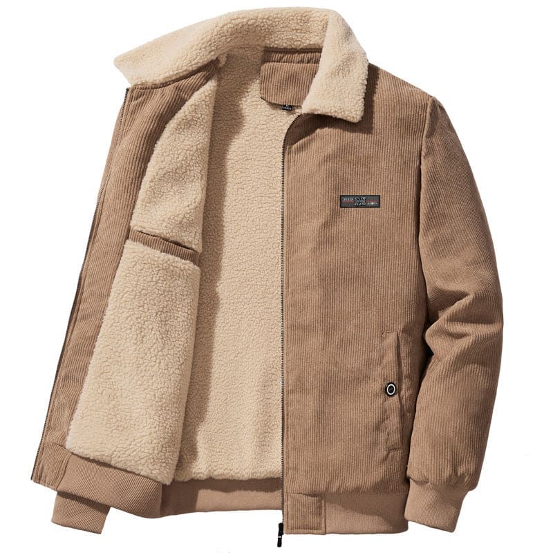 Tan corduroy jacket with fleece lining and collar.