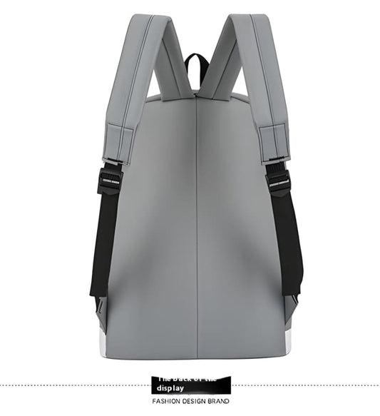 Gray backpack with black straps and a simple, minimalist design.