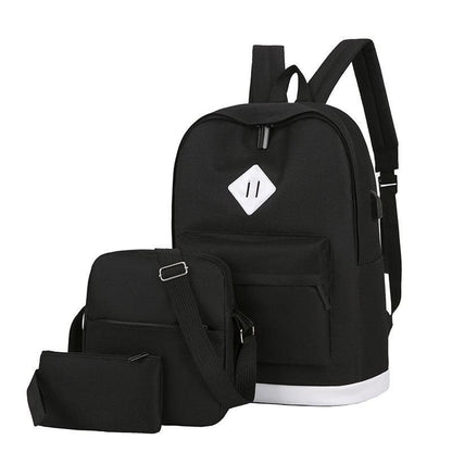 Black backpack with a white diamond-shaped patch on the front pocket.