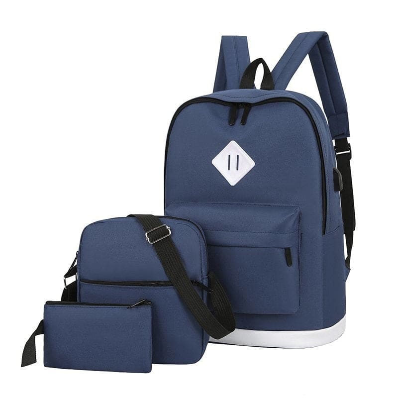 Navy blue backpack with matching smaller bag and pouch accessories.