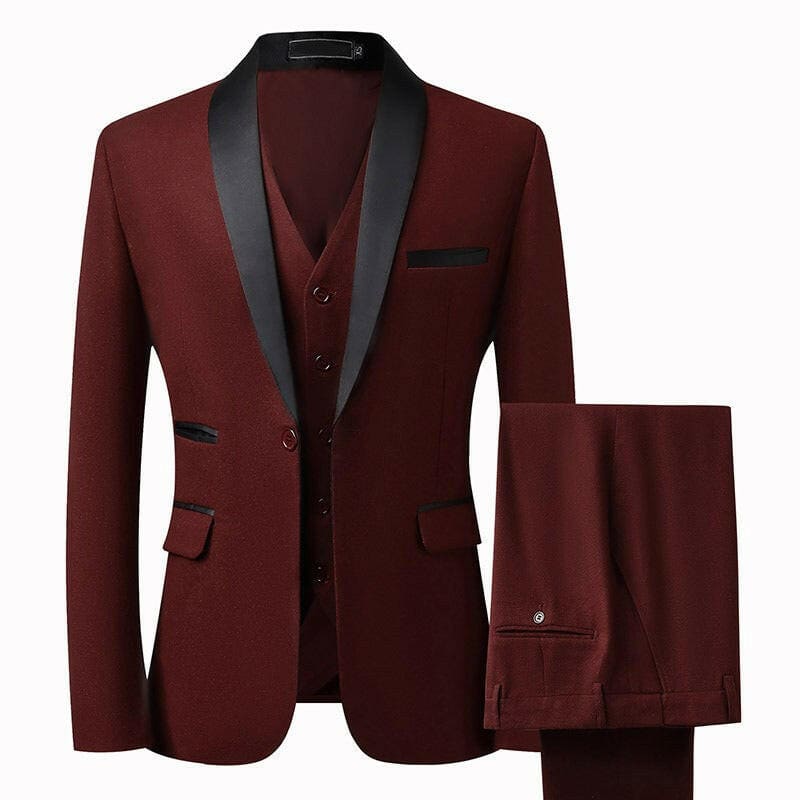 Grooms Suit Mens Three Piece Slim Fit Tuxedo Wedding Red / M