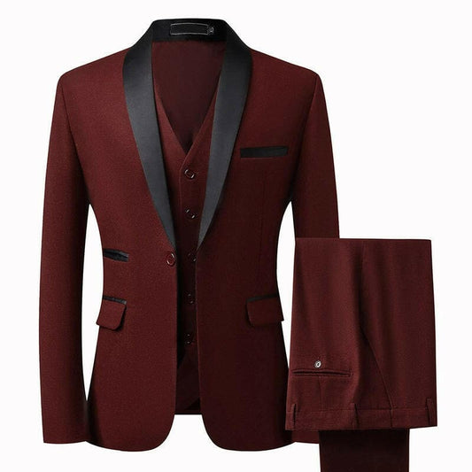 Grooms Suit Mens Three Piece Slim Fit Tuxedo Wedding Red / M