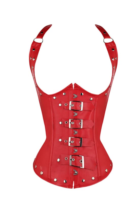 Halter Sexy Corset PU Leather Punk Rivet Shapewear Red / S