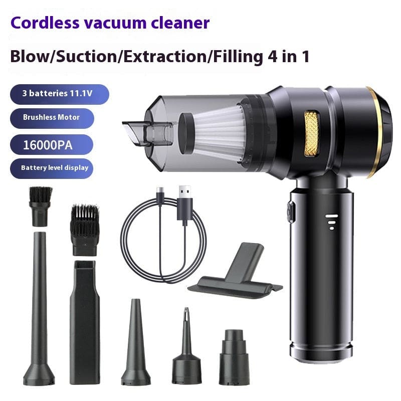 Cordless handheld vacuum cleaner with multiple attachments and features.