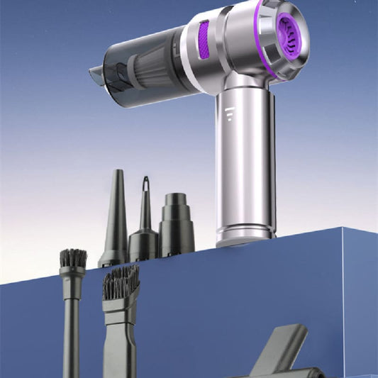 Futuristic-looking handheld otoscope with purple illumination and interchangeable tips.