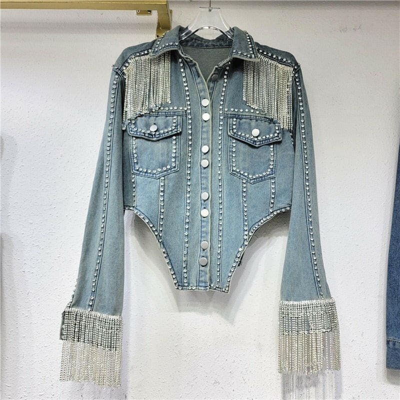 Heavy Denim Diamond Chain Jacket for Women Blue / M