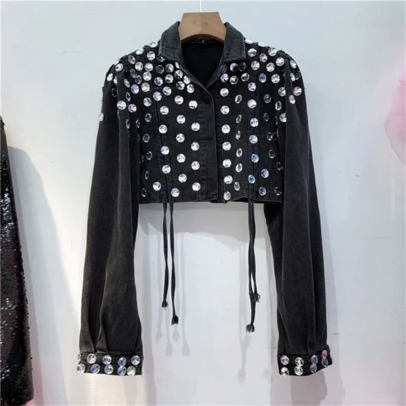 Heavy Diamond Detail Black Denim Womens Cowboy Jacket white