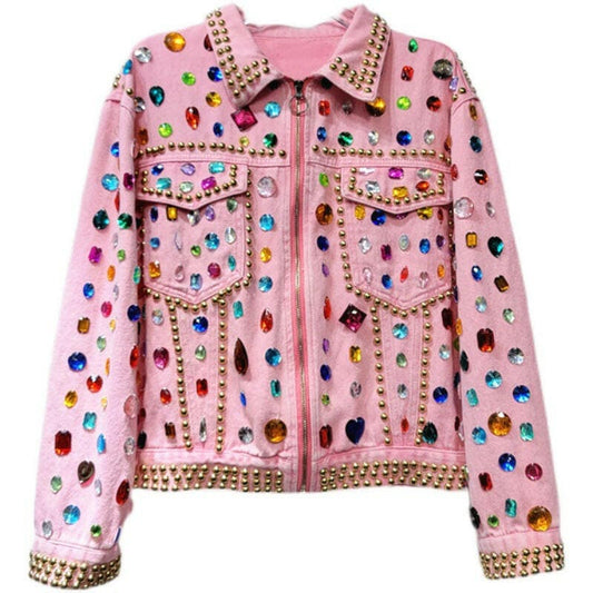 Heavy Rivet Beaded Pink Denim Jacket for Style Pink / M