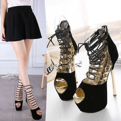 Strappy black and gold high-heeled platform sandals with multiple thin straps and peep-toe design.